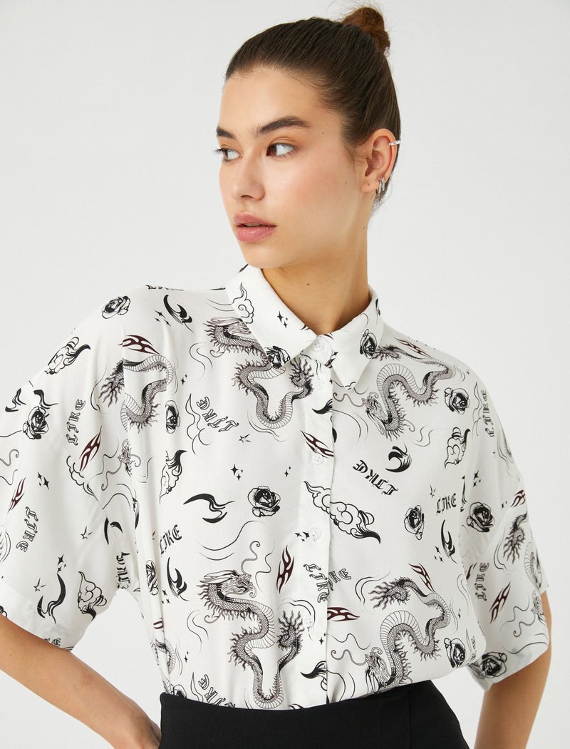 Cotton Short Sleeve Shirt Crop Viscose Printed Classic Collar Relaxed Cut