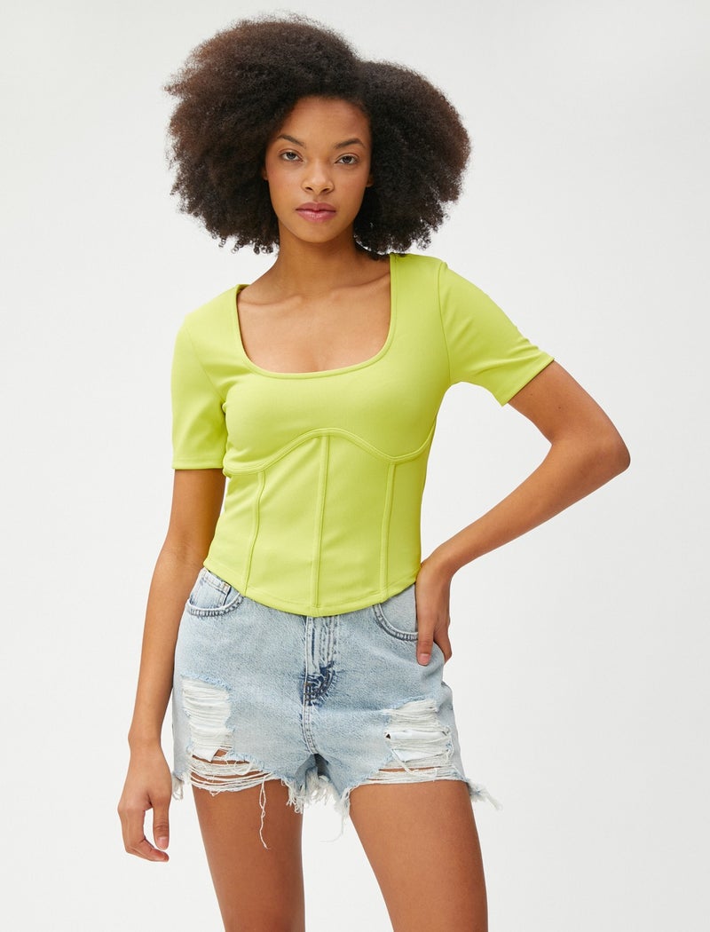 Crop T-Shirt Corset Look Short Sleeve Crew Neck