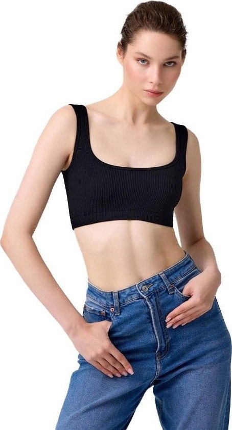 Premium - Women's Black Seamless Square Neck Crop Top Bustier