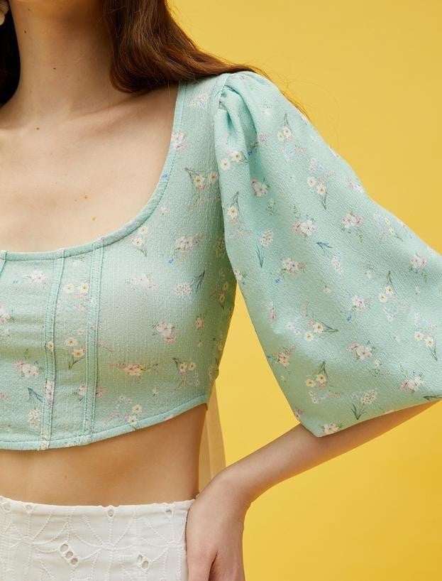 Cotton Corset Detailed Floral Crop Blouse