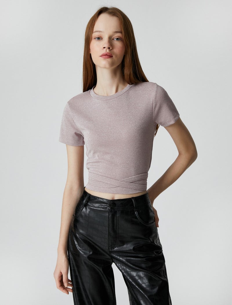 Cotton Crop T-Shirt Crew Neck Short Sleeve Glittery Tied Waist