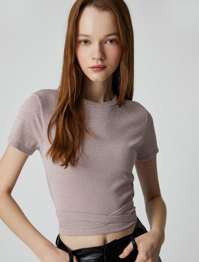 Cotton Crop T-Shirt Crew Neck Short Sleeve Glittery Tied Waist