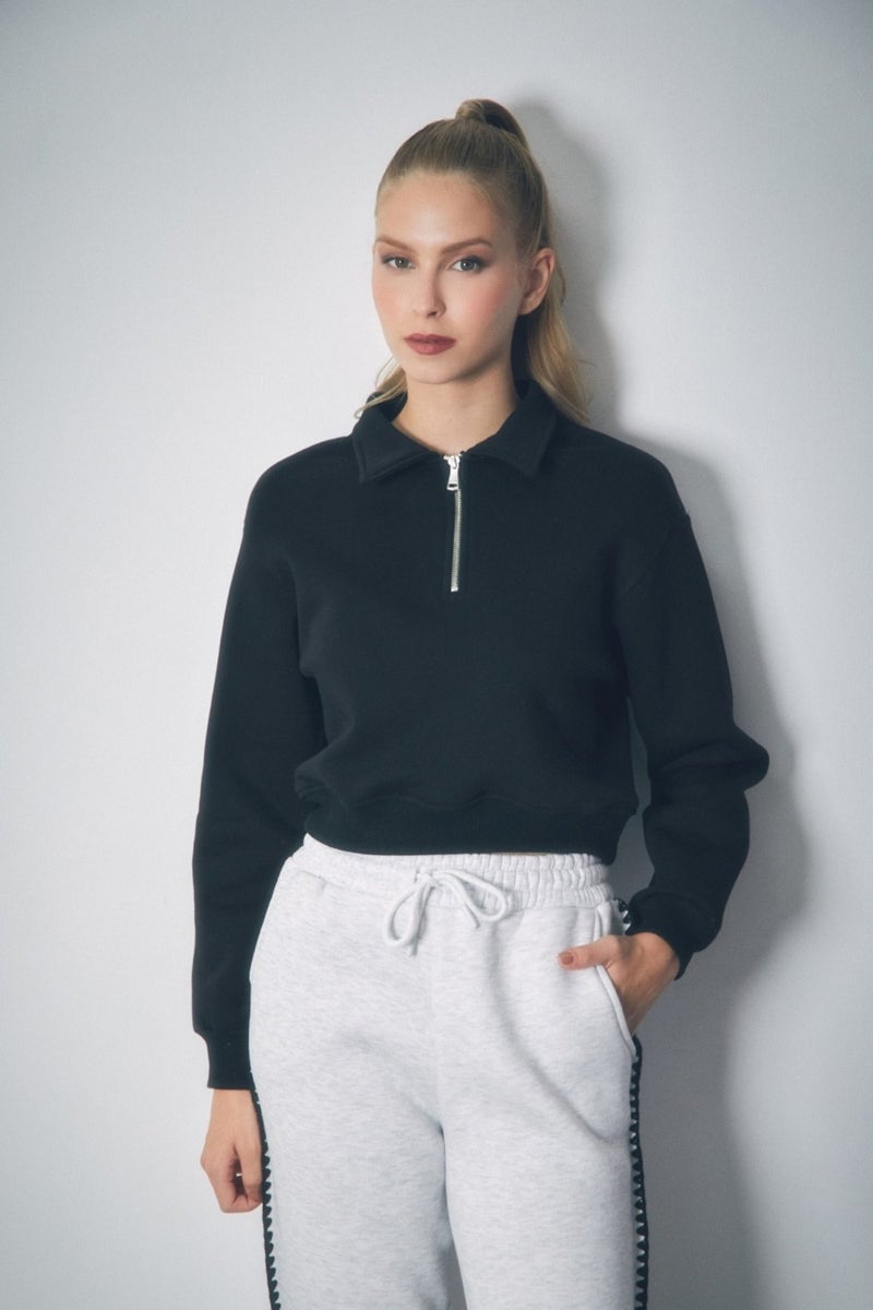 Polo Neck Half Zipper Crop Sweatshirt