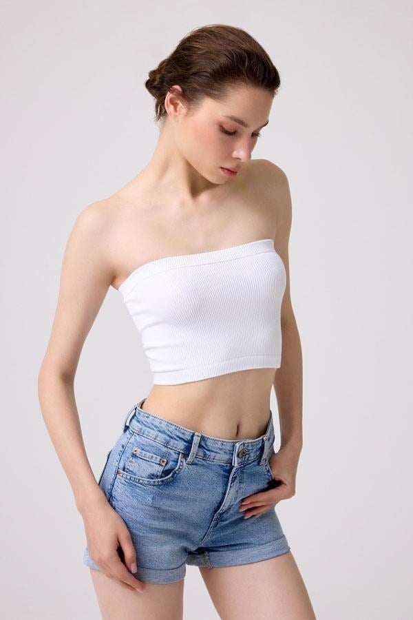 Premium - Women's White Seamless Strapless Crop Top Bustier