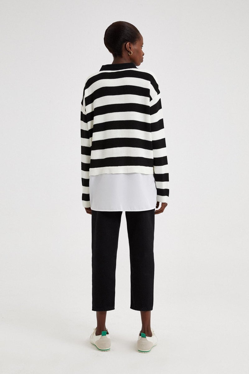 Touche Poplin Garnished Striped Knitwear Tunic