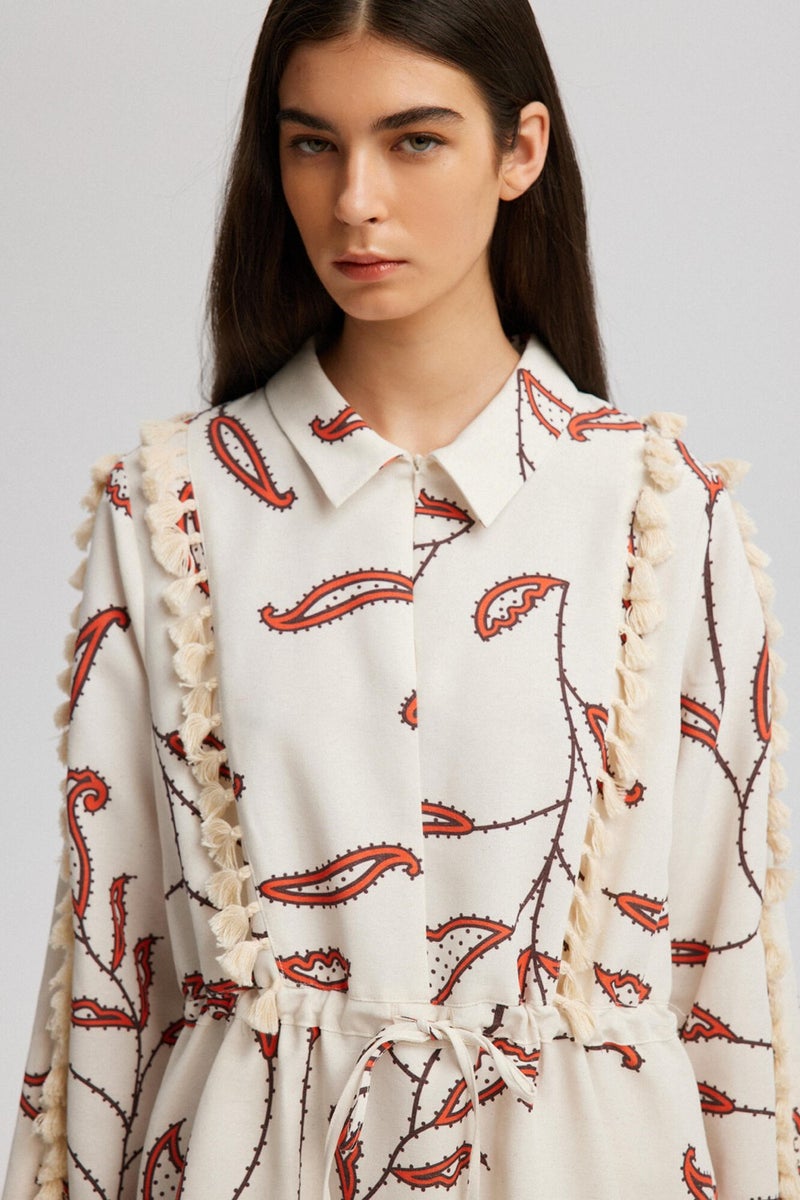 Touche Patterned Tasseled Natural Textured Tunic