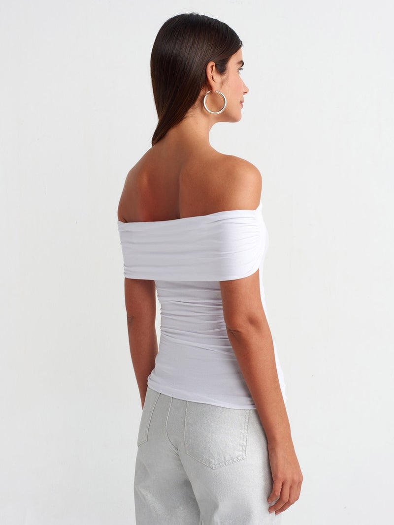 30902 Off Shoulder Gathered Top-White
