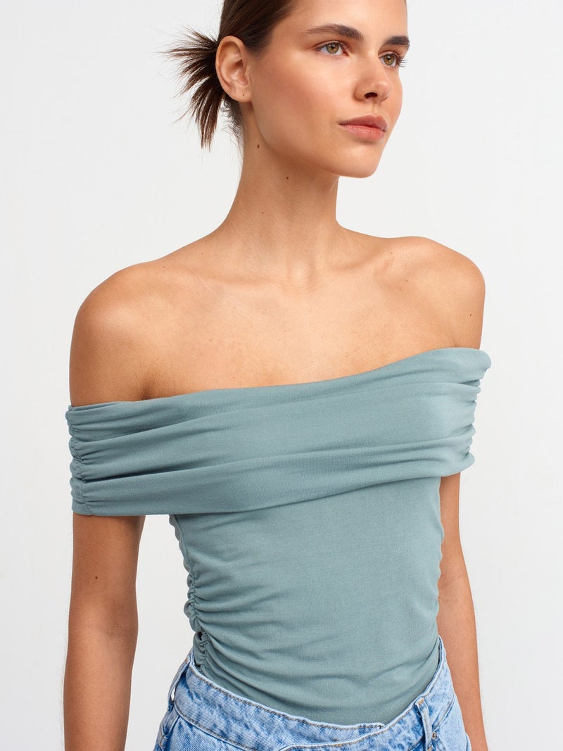 30902 Off Shoulder Gathered Top-Green