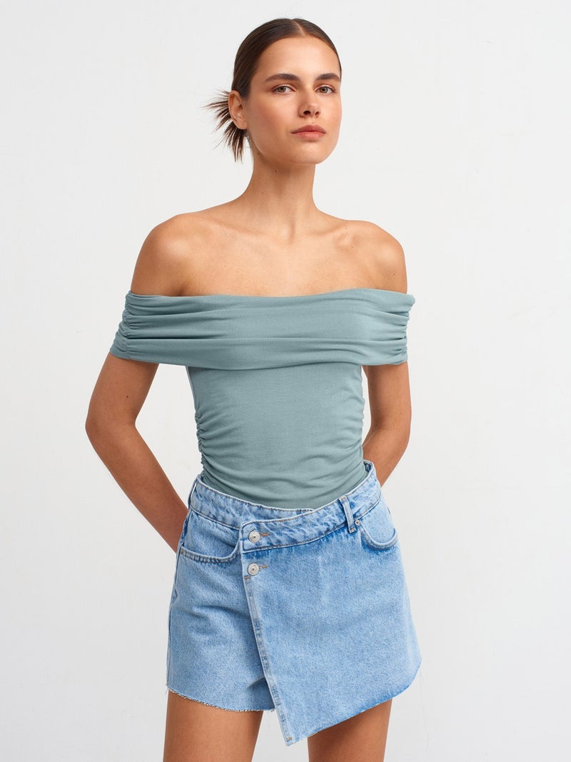 30902 Off Shoulder Gathered Top-Green