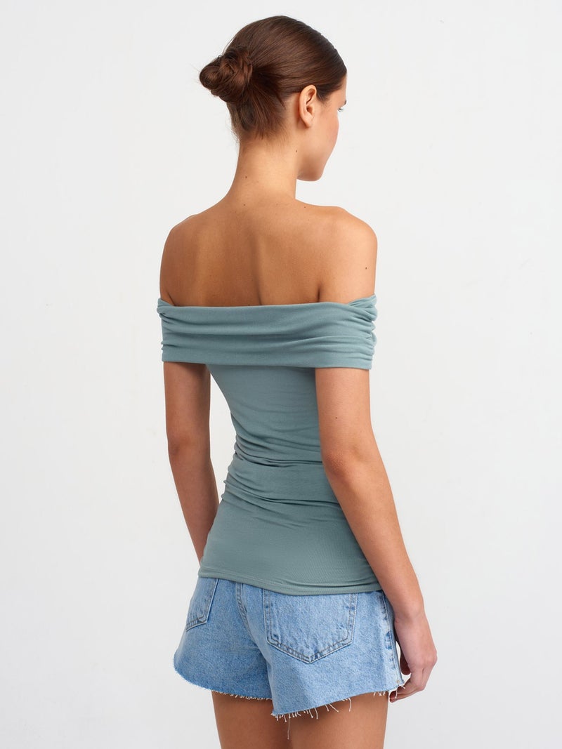 30902 Off Shoulder Gathered Top-Green