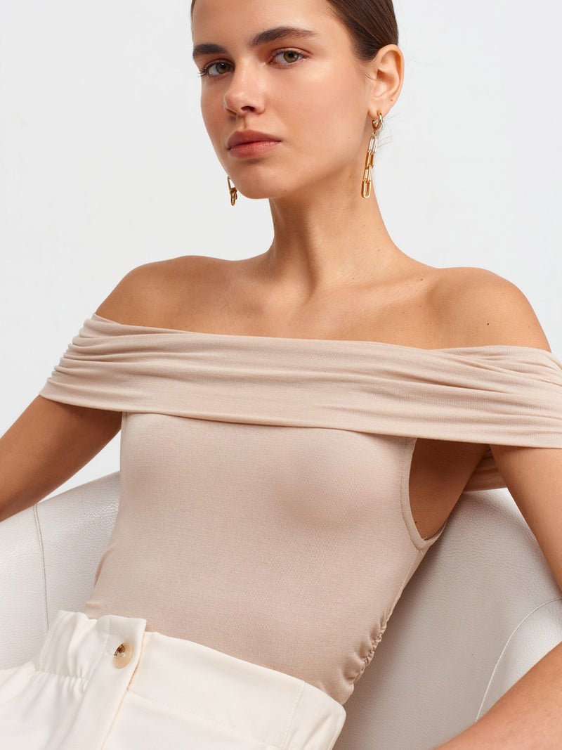 30902 Off Shoulder Gathered Top-Beige