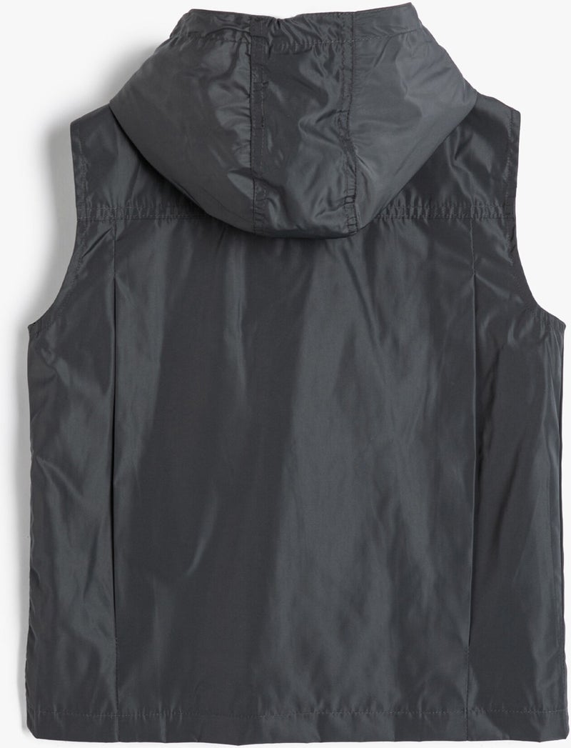 Hooded Sleeveless Vest with Pocket Detail and Wind Flap