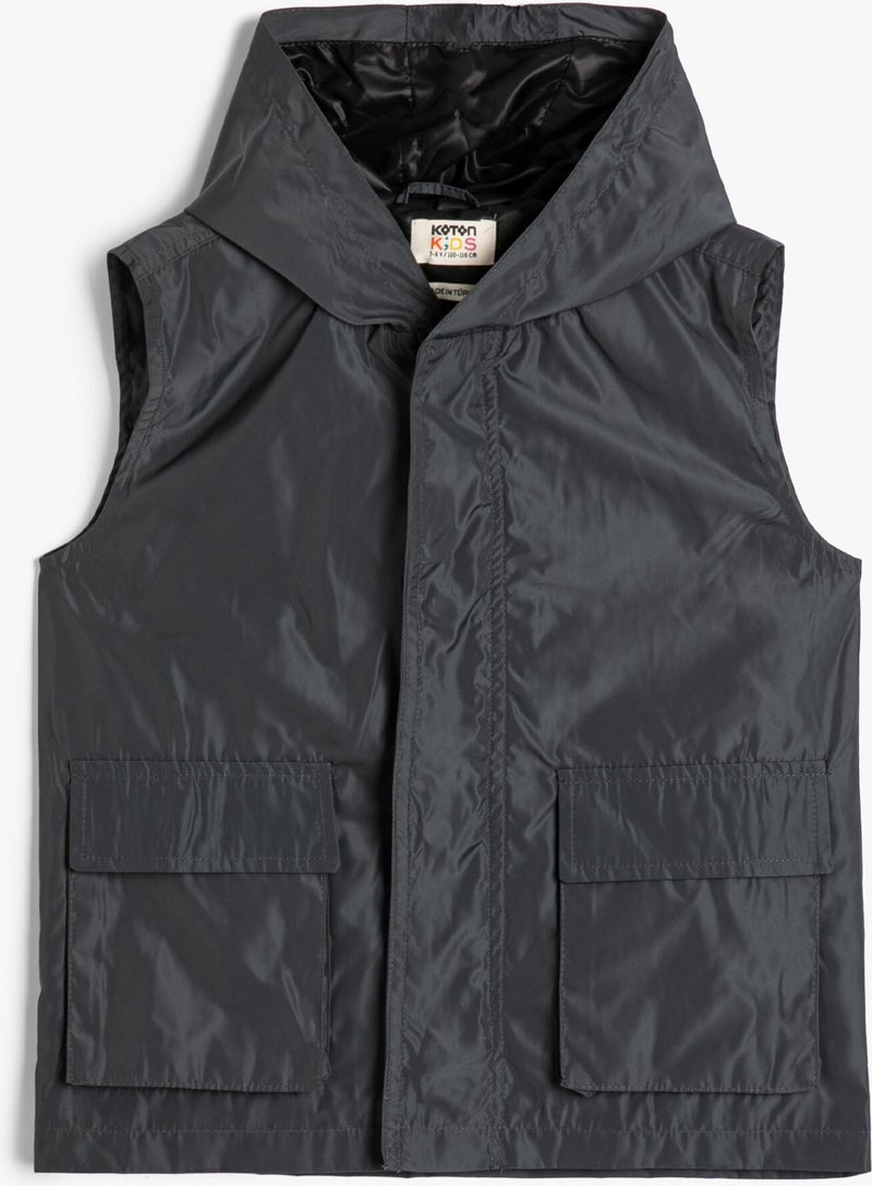 Hooded Sleeveless Vest with Pocket Detail and Wind Flap