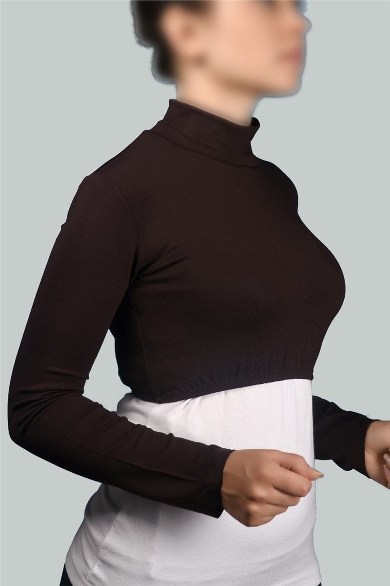 Long Sleeve Turtleneck Turtleneck Lycra Combed Cotton Women's Half Body - Dark Brown