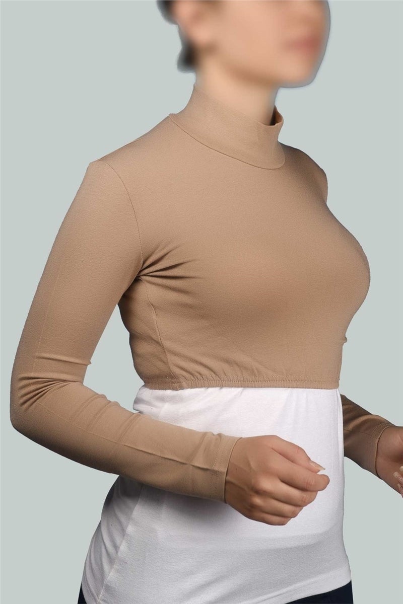 Long Sleeve Turtleneck Turtleneck Lycra Combed Cotton Women's Half Body - Dark Beige