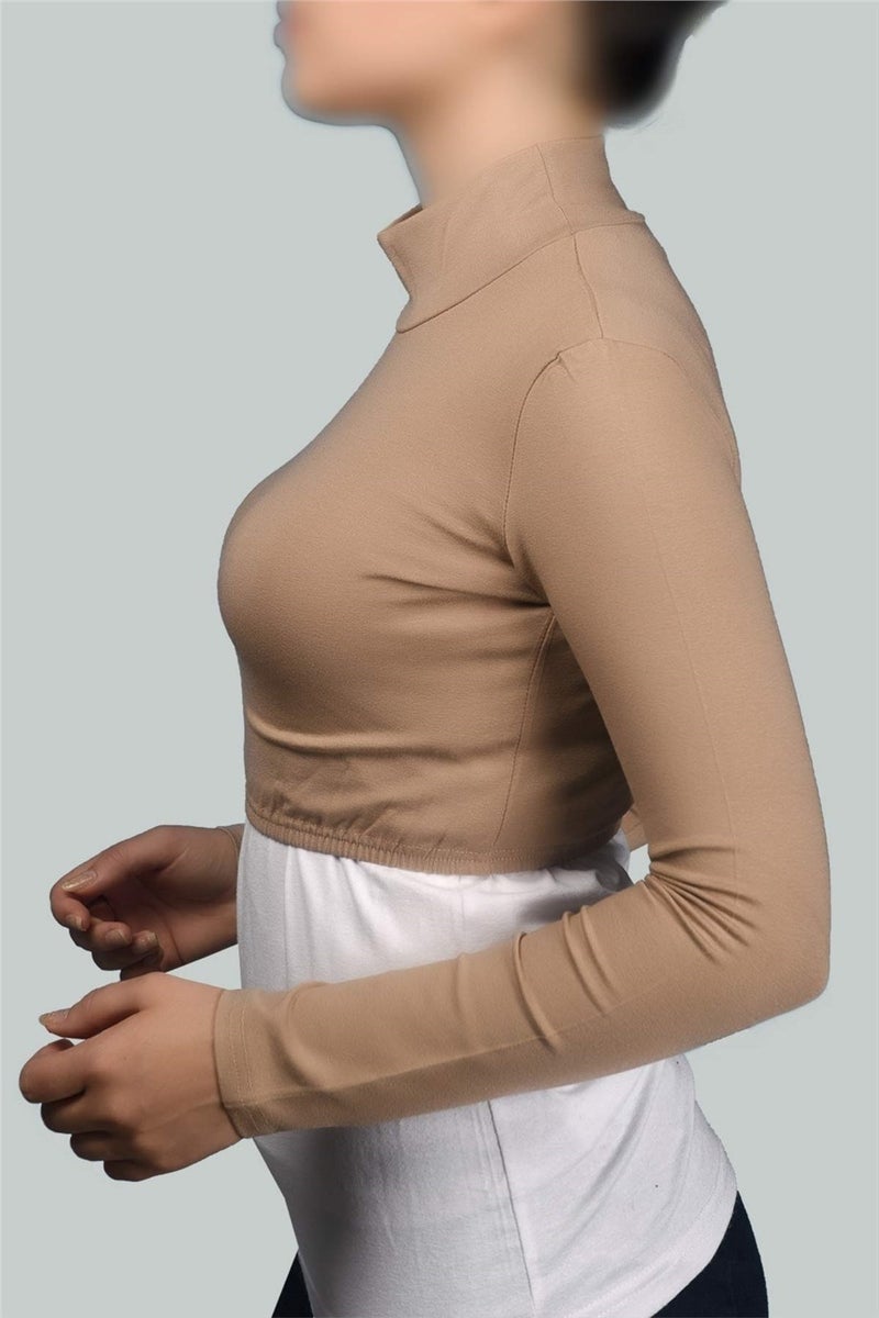 Long Sleeve Turtleneck Turtleneck Lycra Combed Cotton Women's Half Body - Dark Beige