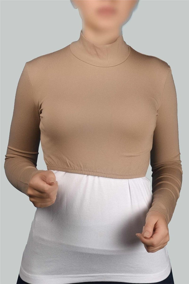 Long Sleeve Turtleneck Turtleneck Lycra Combed Cotton Women's Half Body - Dark Beige