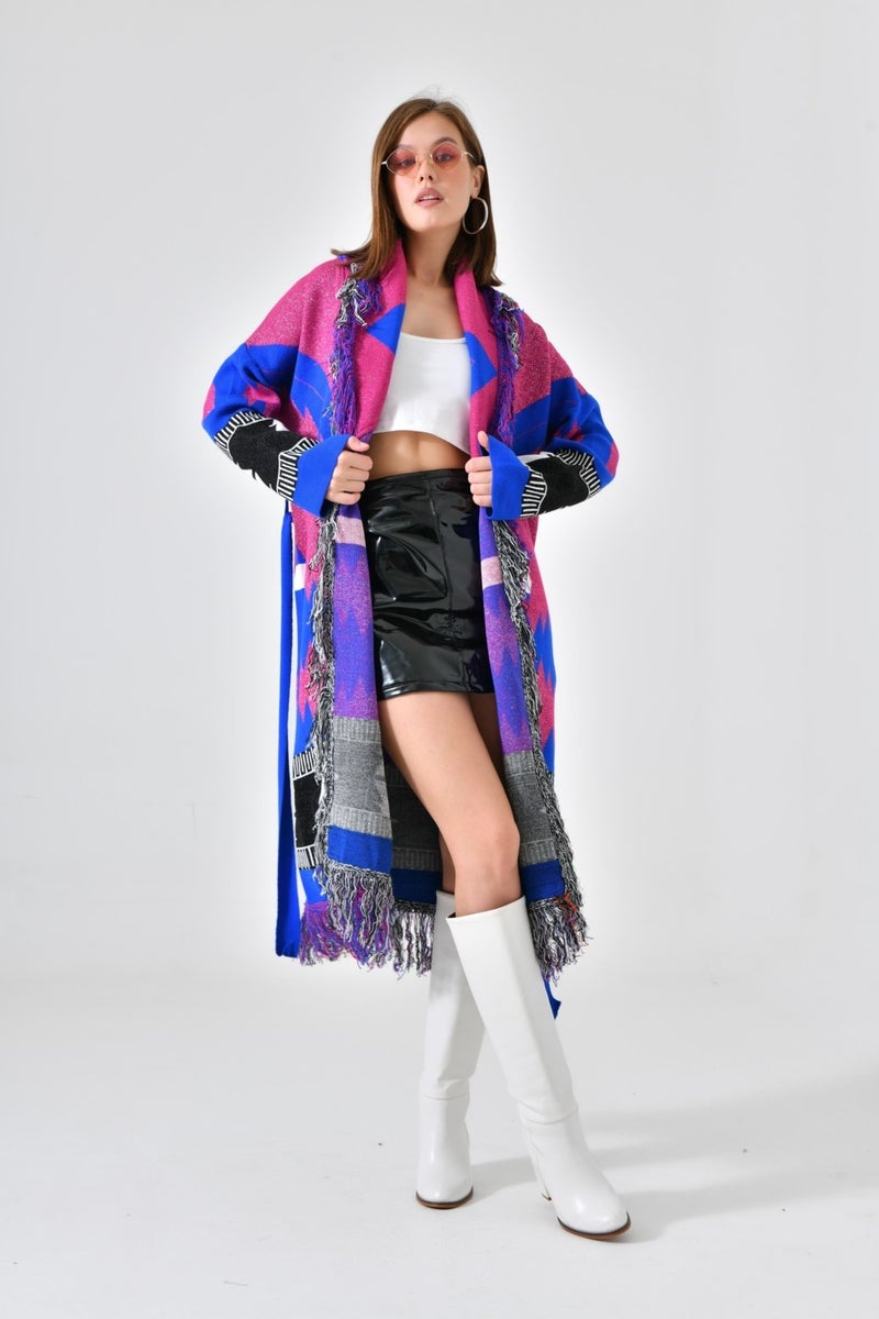 Women's Ethnic Pattern Tassel Cape Fuchsia
