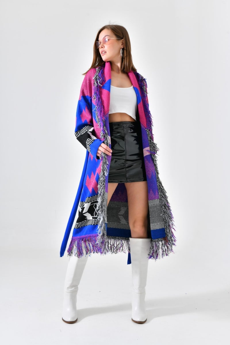 Women's Ethnic Pattern Tassel Cape Fuchsia