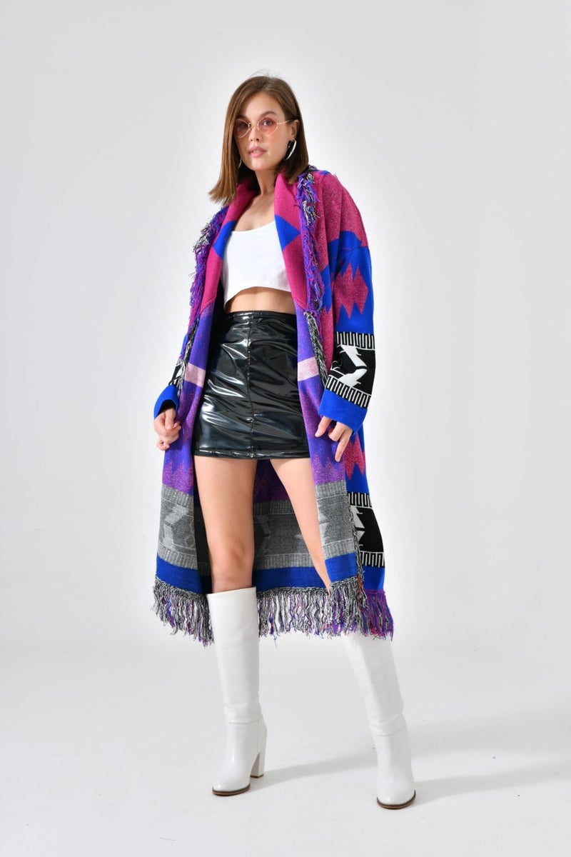 Women's Ethnic Pattern Tassel Cape Fuchsia
