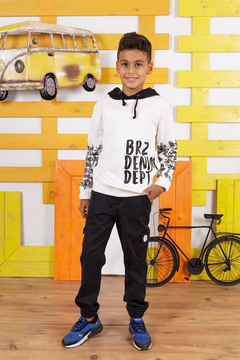 Ecru Color Printed Boy's Hoodie Sweatshirt