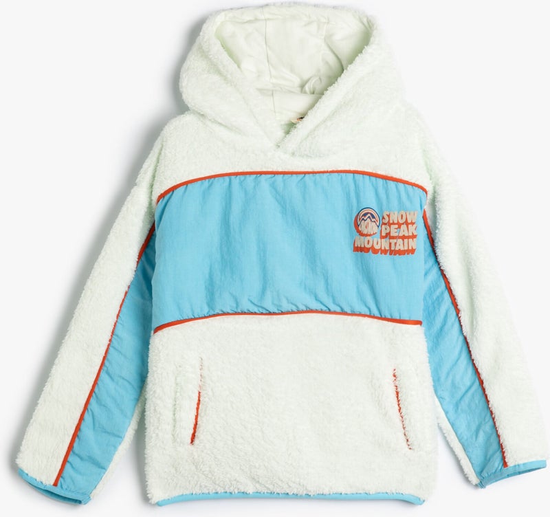 Hooded Plush Sweat Ski Themed Pocket Color Contrast