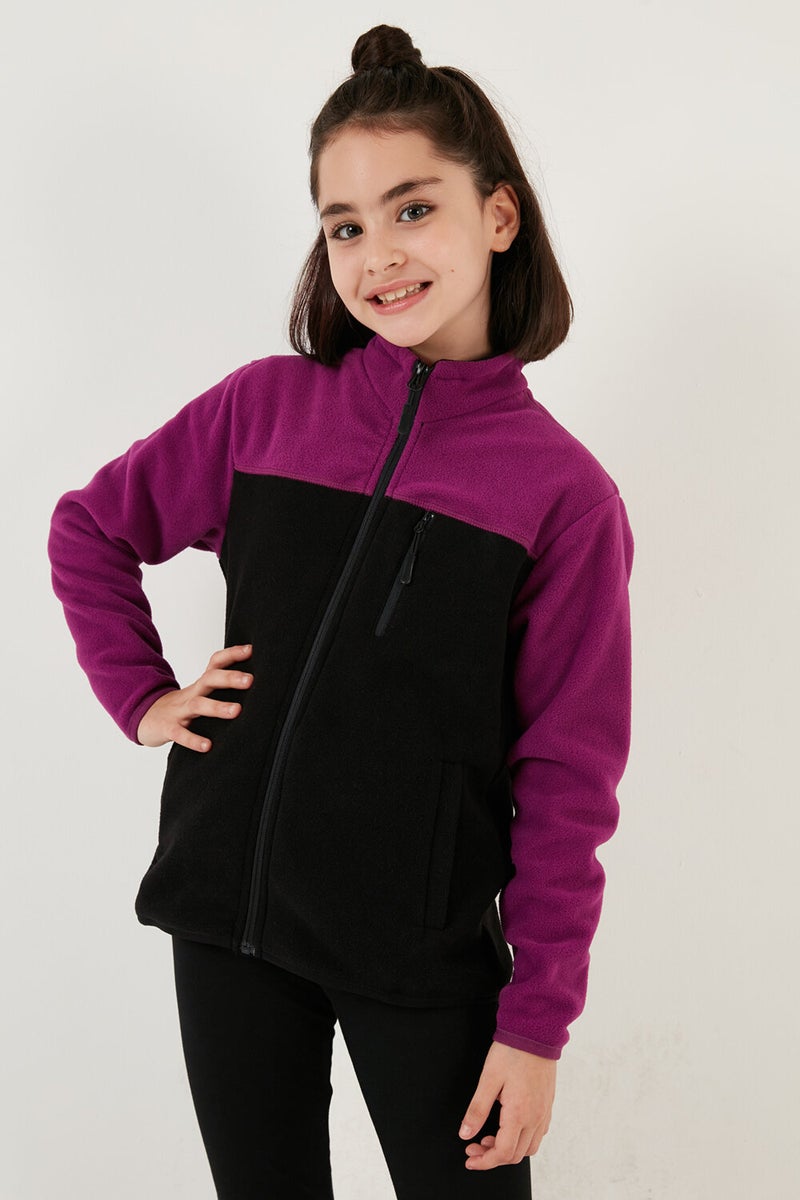 Soft Textured Zippered Color Block Stand Collar Pocket Polar Children's Fleece 5905001