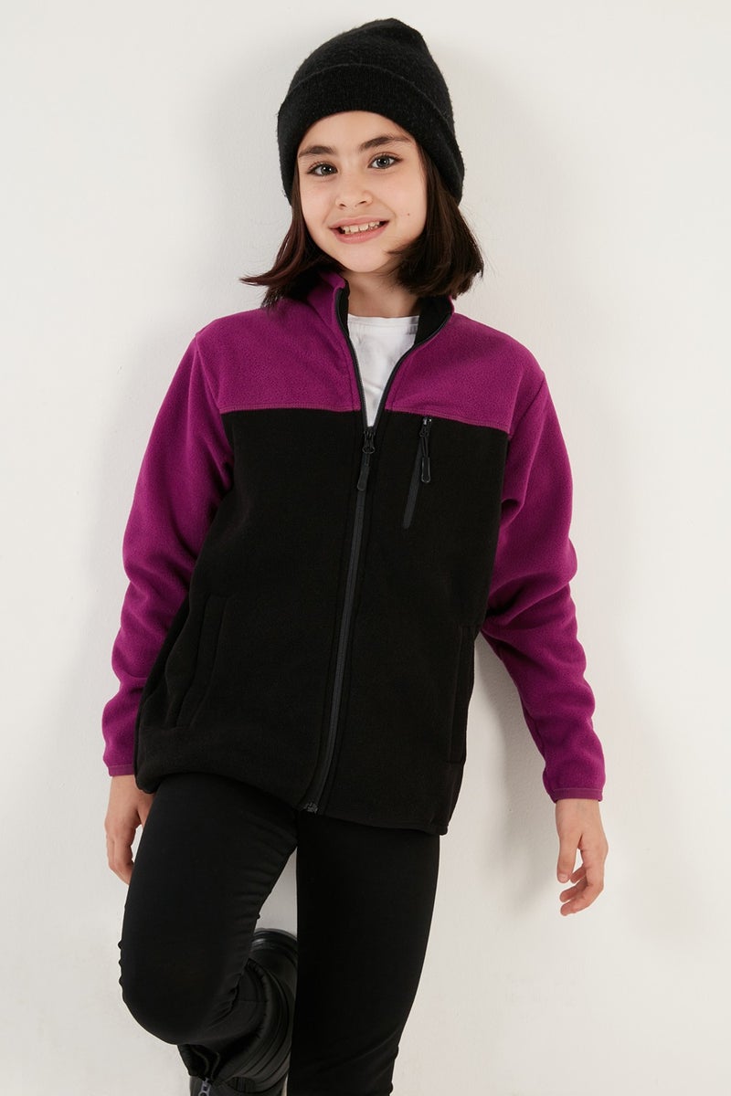 Soft Textured Zippered Color Block Stand Collar Pocket Polar Children's Fleece 5905001