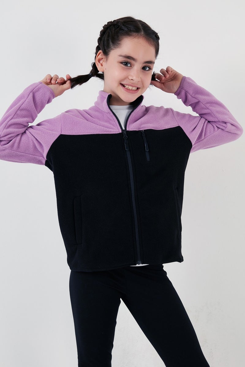 Soft Textured Zippered Color Block Stand Collar Pocket Polar Children's Fleece 5905001