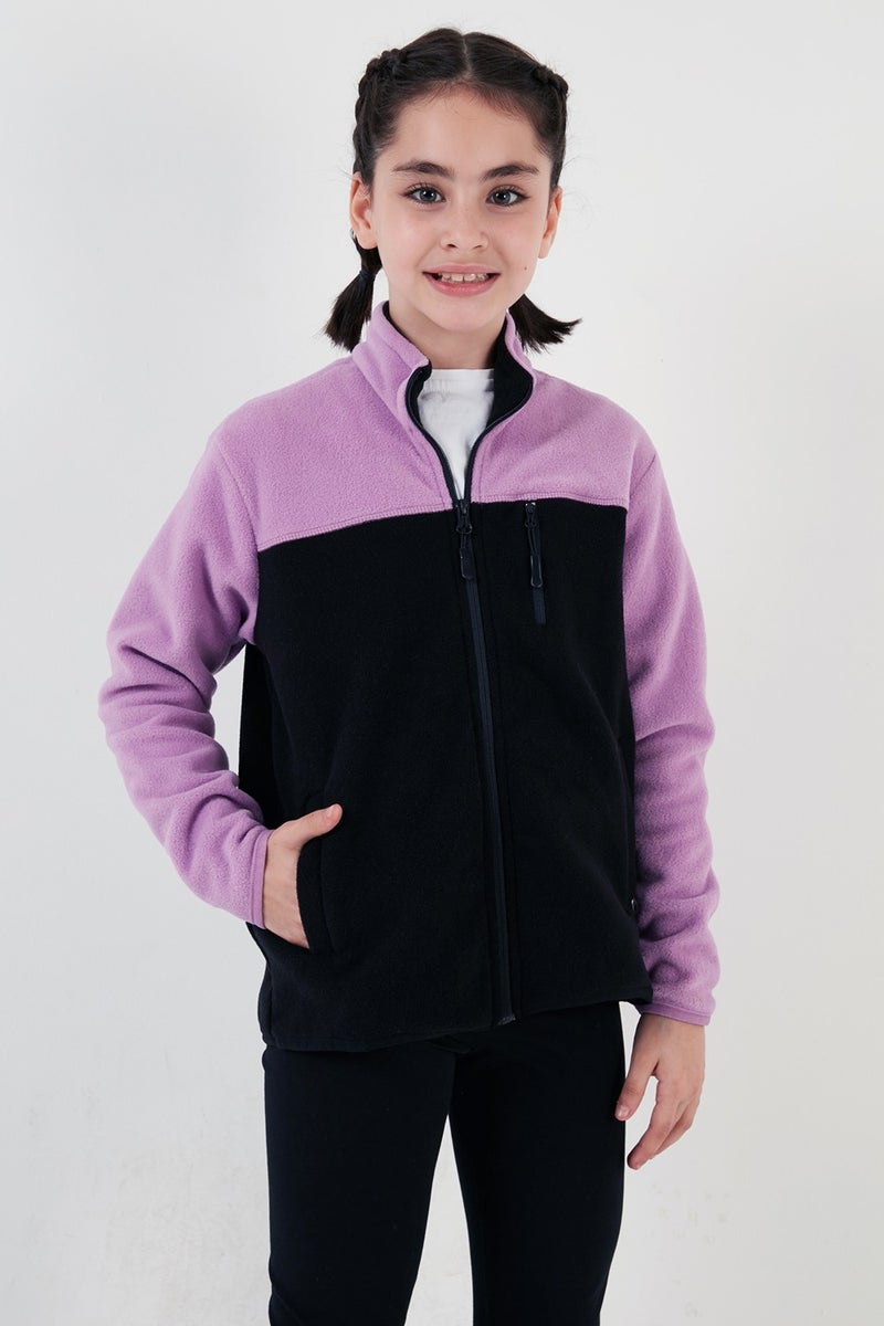 Soft Textured Zippered Color Block Stand Collar Pocket Polar Children's Fleece 5905001