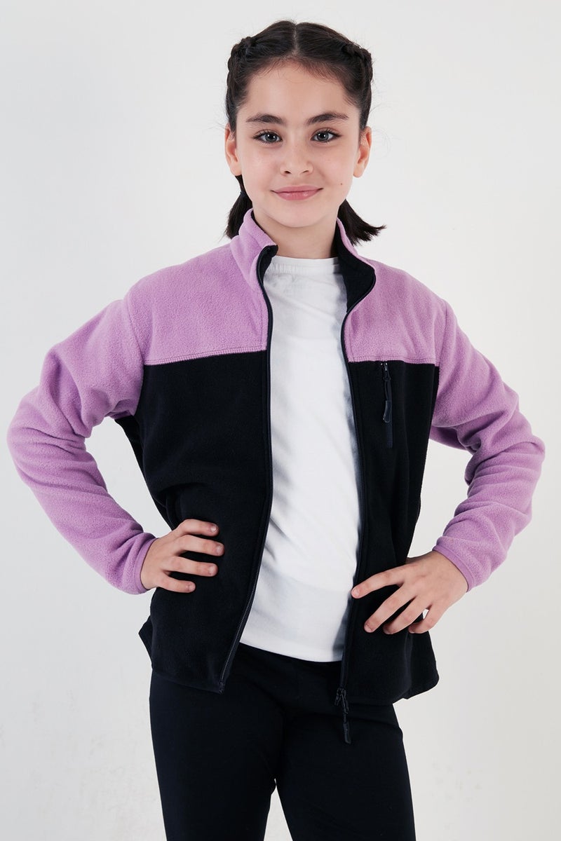 Soft Textured Zippered Color Block Stand Collar Pocket Polar Children's Fleece 5905001