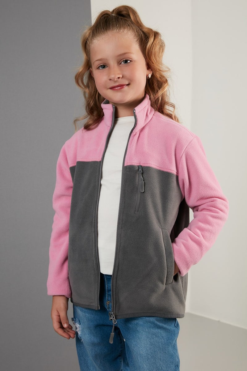 Soft Textured Zippered Color Block Stand Collar Pocket Fleece Unisex Children's Fleece 5905001