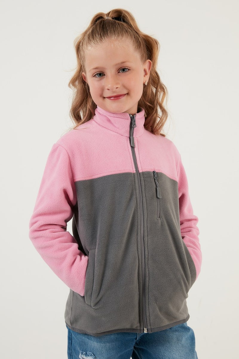 Soft Textured Zippered Color Block Stand Collar Pocket Fleece Unisex Children's Fleece 5905001