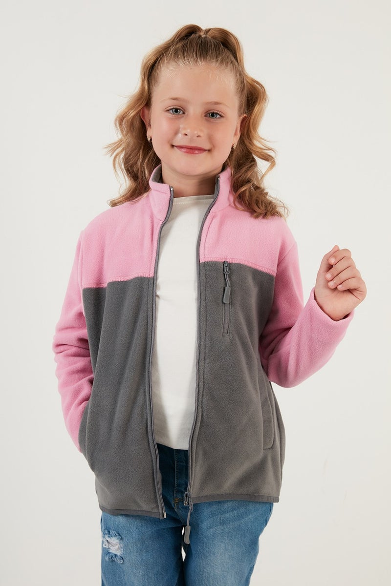 Soft Textured Zippered Color Block Stand Collar Pocket Fleece Unisex Children's Fleece 5905001