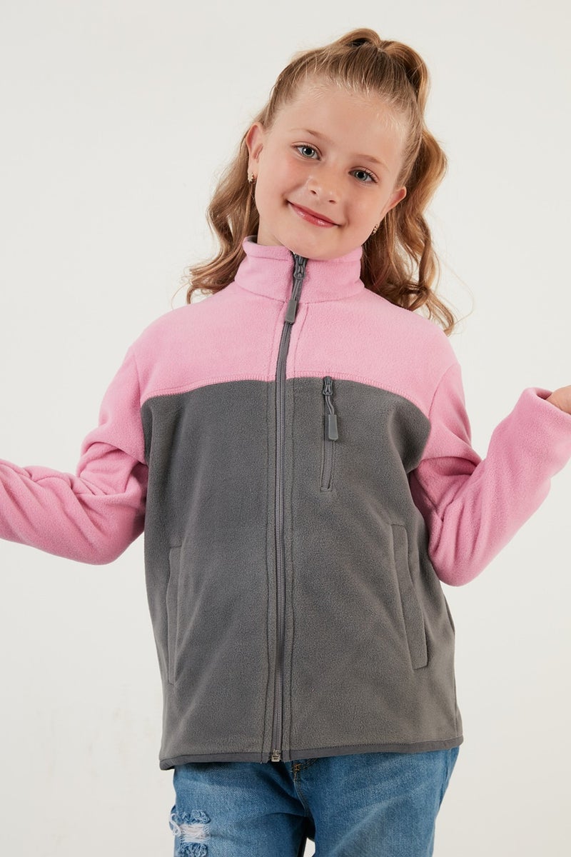 Soft Textured Zippered Color Block Stand Collar Pocket Fleece Unisex Children's Fleece 5905001