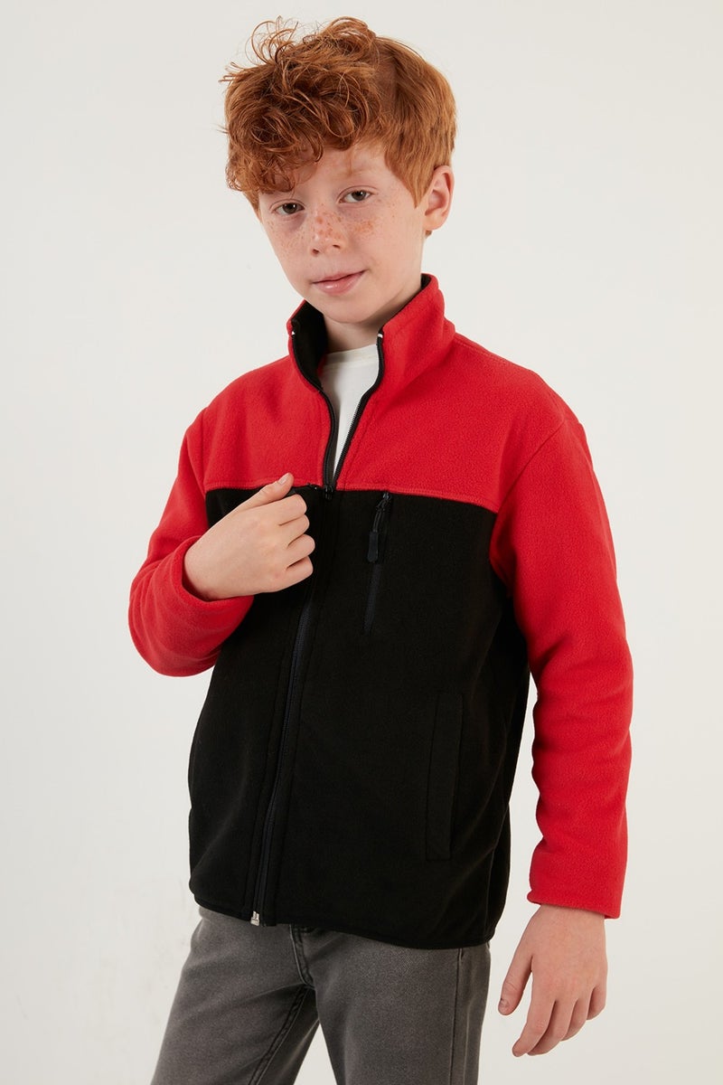 Soft Textured Zippered Color Block Stand Collar Pocket Fleece Unisex Children's Fleece 5905001