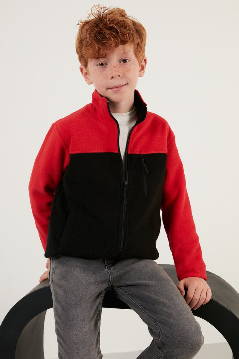 Soft Textured Zippered Color Block Stand Collar Pocket Fleece Unisex Children's Fleece 5905001