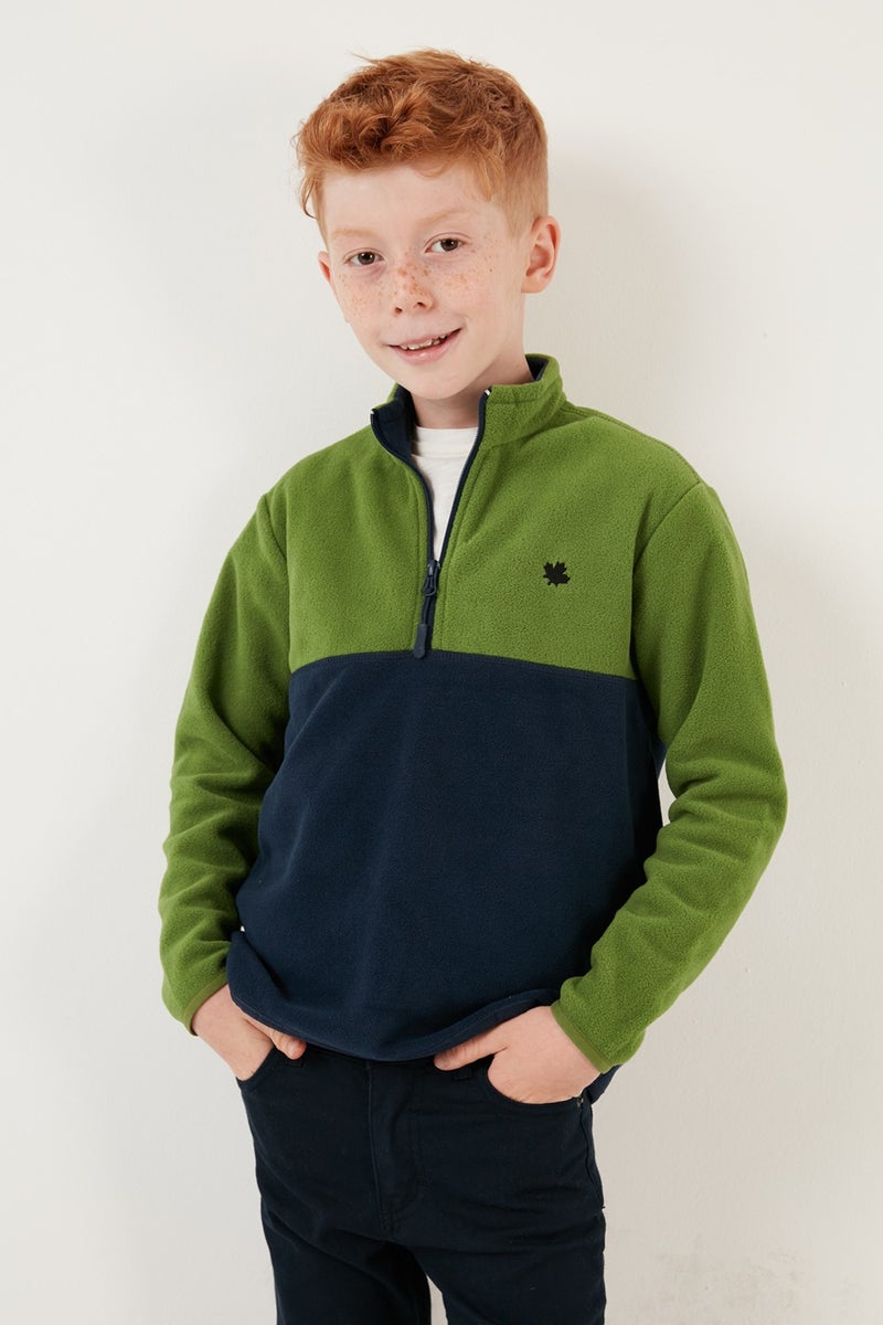 Soft Textured Half Zipper Color Block Stand Collar Fleece Unisex Children's Fleece 5905004