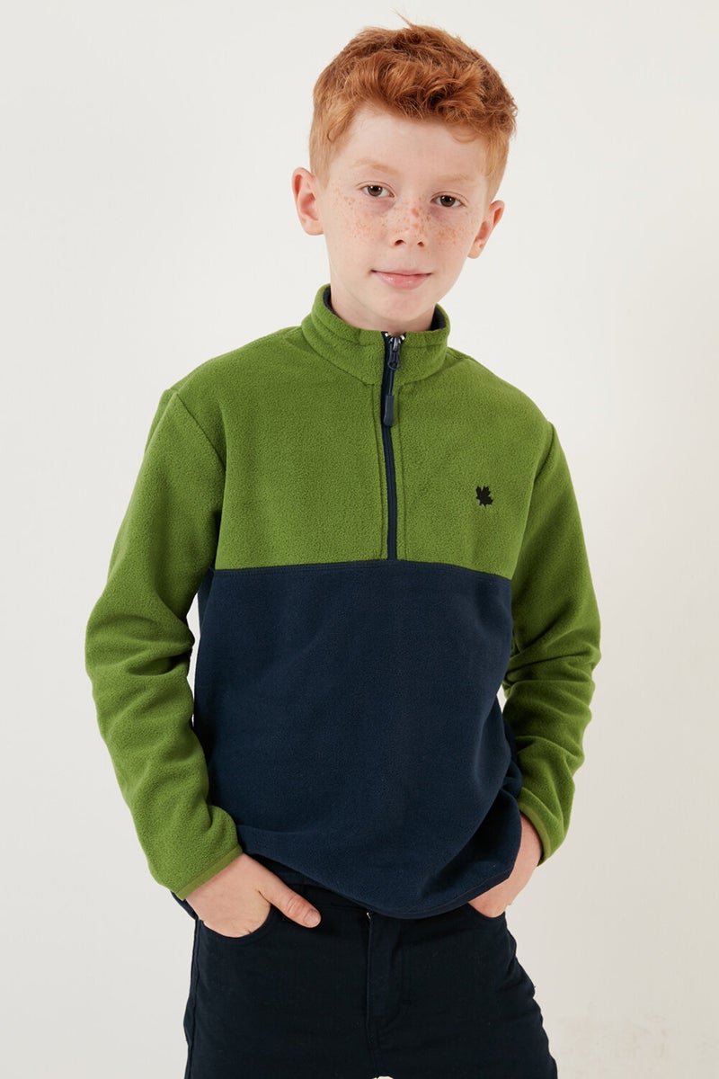 Soft Textured Half Zipper Color Block Stand Collar Fleece Unisex Children's Fleece 5905004