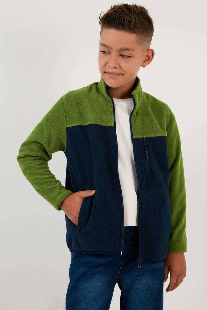 Soft Textured Zippered Color Block Stand Collar Pocket Fleece Unisex Children's Fleece 5905001