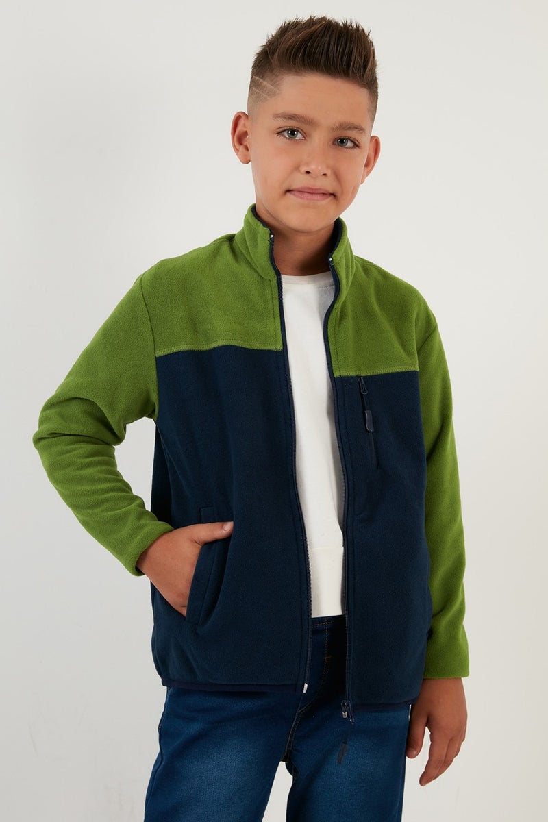 Soft Textured Zippered Color Block Stand Collar Pocket Fleece Unisex Children's Fleece 5905001