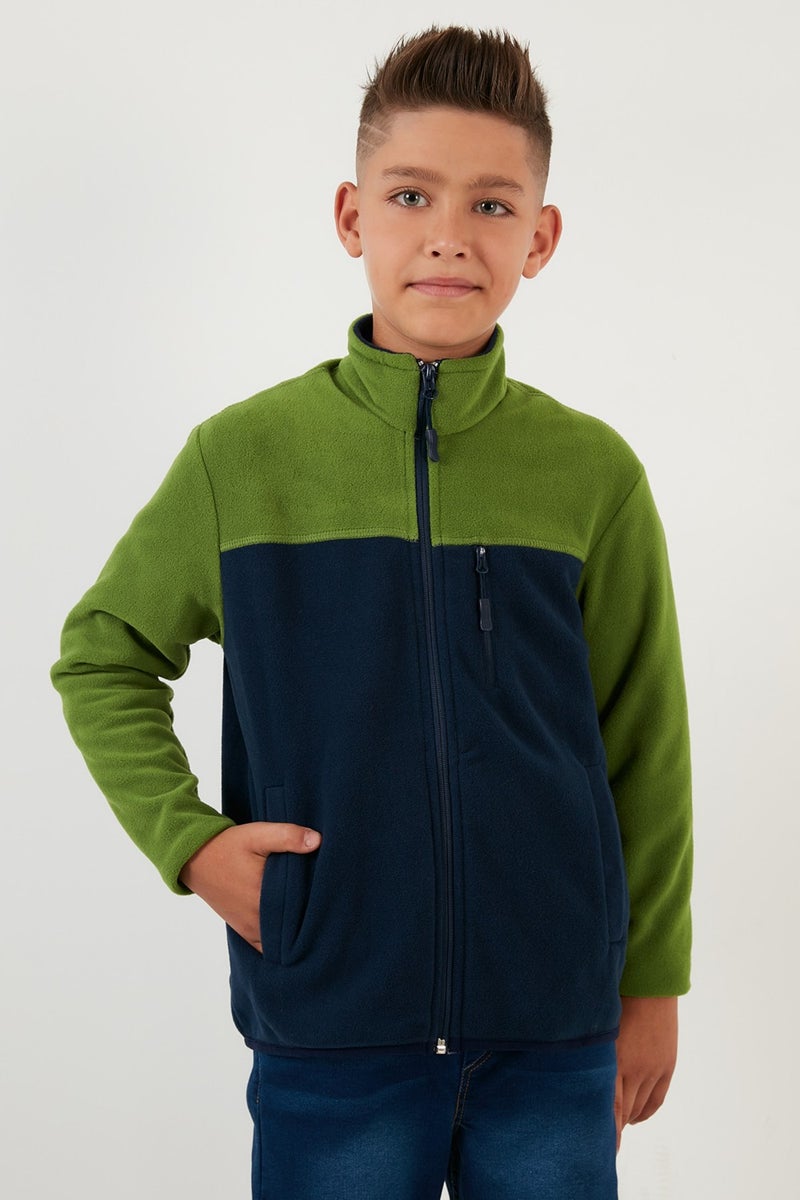 Soft Textured Zippered Color Block Stand Collar Pocket Fleece Unisex Children's Fleece 5905001