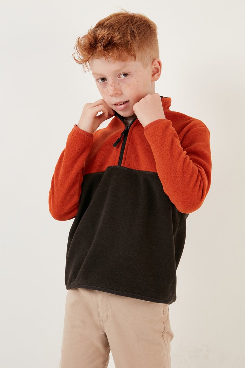 Soft Textured Half Zipper Color Block Stand Collar Fleece Unisex Children's Fleece 5905004