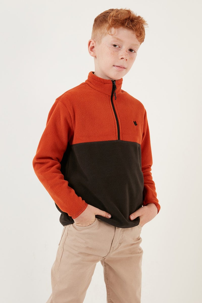 Soft Textured Half Zipper Color Block Stand Collar Fleece Unisex Children's Fleece 5905004