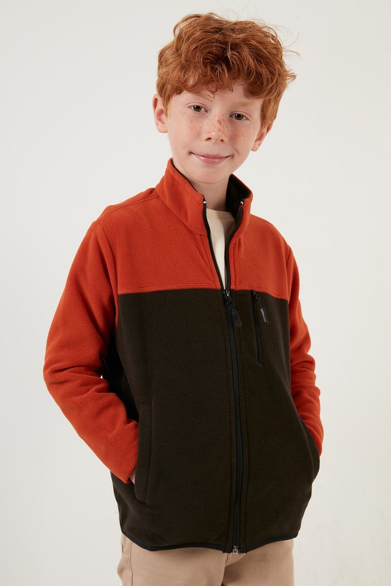 Soft Textured Zippered Color Block Stand Collar Pocket Fleece Unisex Children's Fleece 5905001