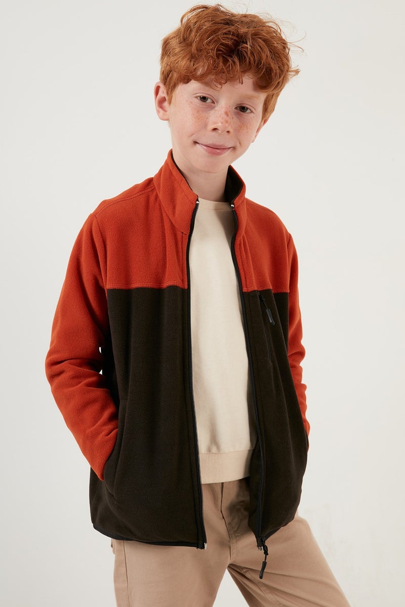 Soft Textured Zippered Color Block Stand Collar Pocket Fleece Unisex Children's Fleece 5905001