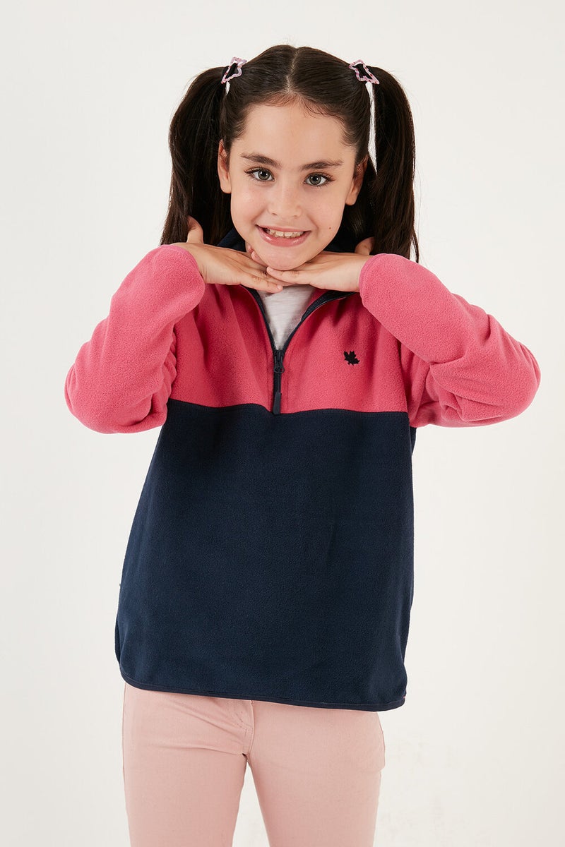 Soft Textured Half Zipper Color Block Stand Collar Fleece Unisex Children's Fleece 5905004