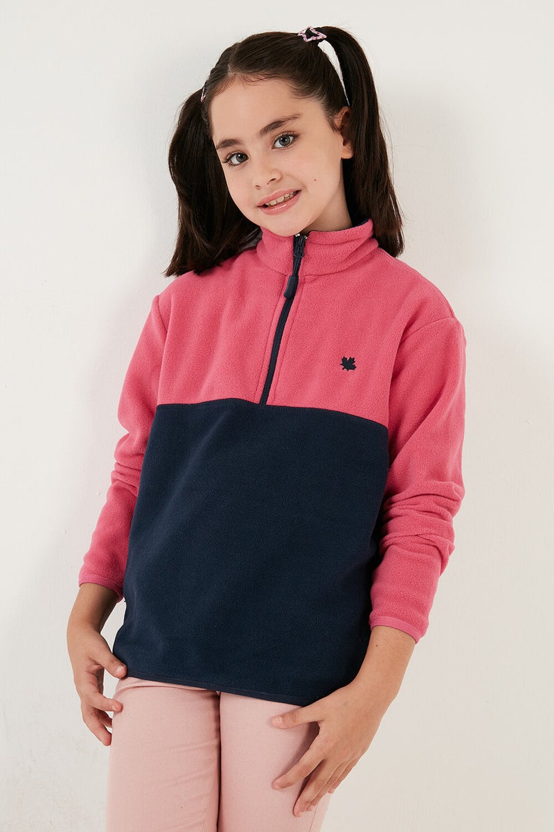 Soft Textured Half Zipper Color Block Stand Collar Fleece Unisex Children's Fleece 5905004