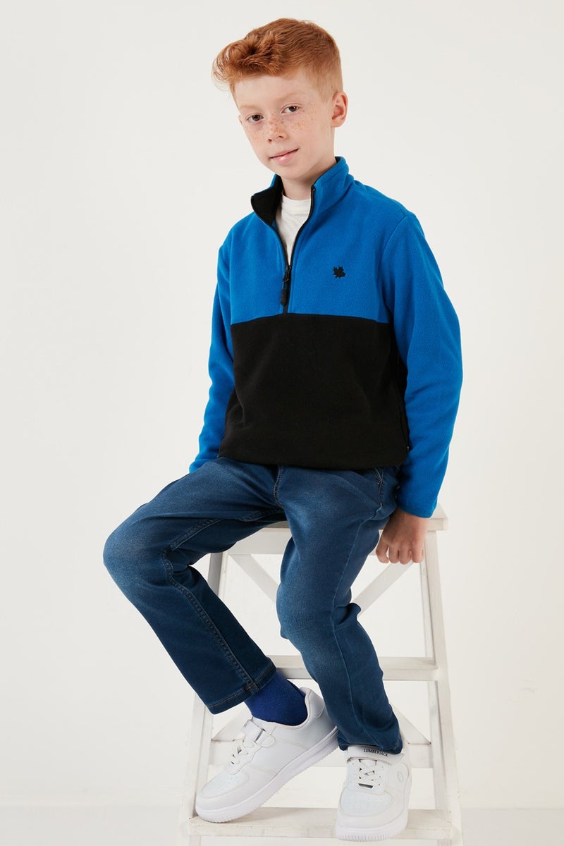 Soft Textured Half Zipper Color Block Stand Collar Fleece Unisex Children's Fleece 5905004