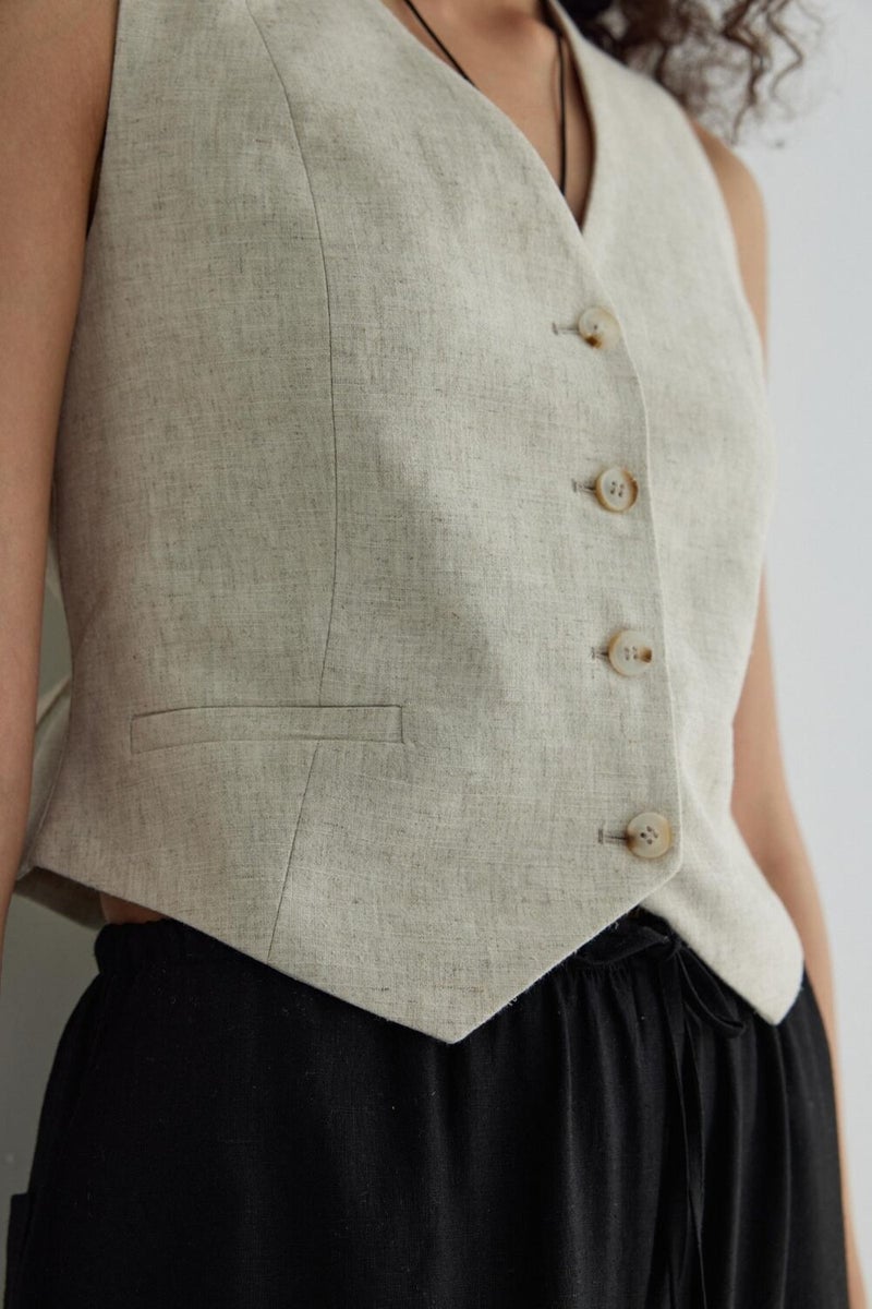 Natural Gabriel Buttoned Linen Vest